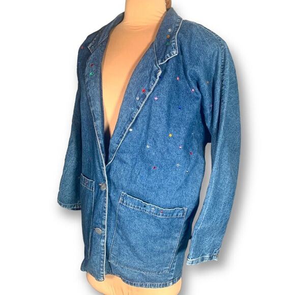 Vintage 90s Match Denim Blazer Jacket Oversized Rhinestone Sequin Jean Coat - Picture 6 of 11